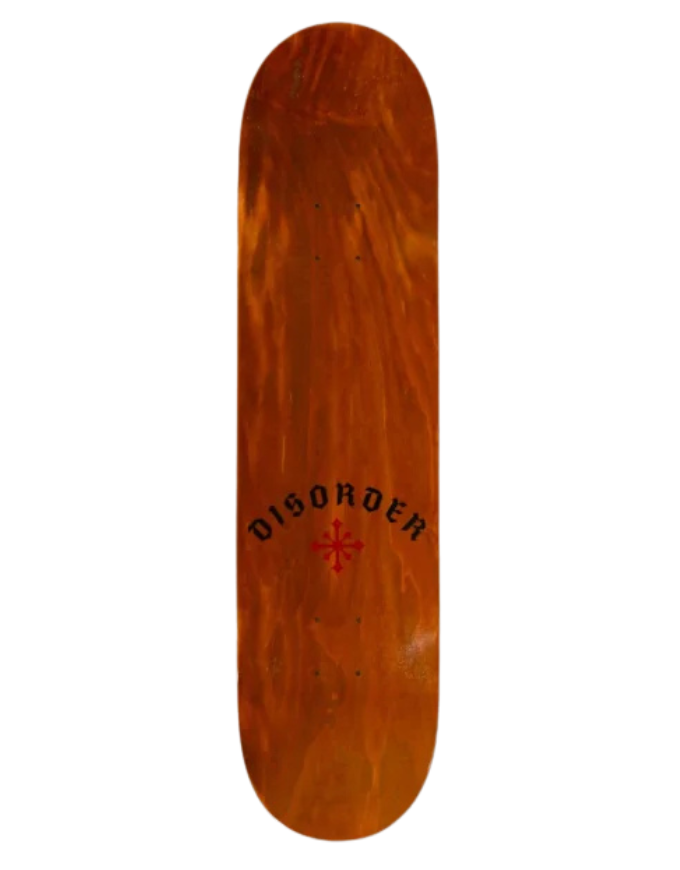 A wooden skateboard deck with a warm orange-brown flame maple grain, featuring the black gothic-style 'DISORDER' brand name and a red cross logo near the center, isolated on a white background.